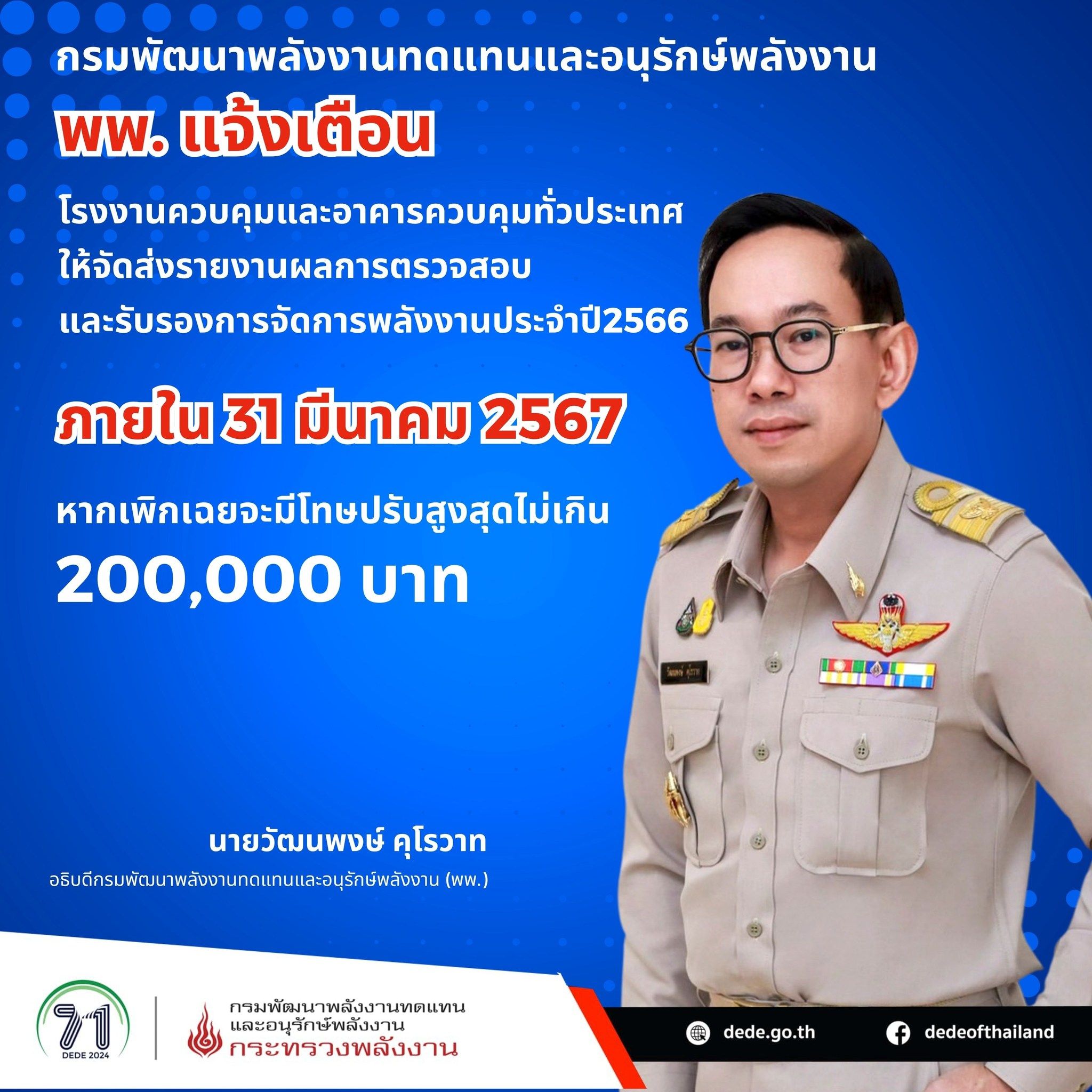พพ.แจ้งเตือน โรงงานควบคุมและอาคารควบคุมทั่วประเทศ ให้จัดส่งรายงานผลการตรวจสอบ  และรับรองการจัดการพลังงาน ประจำปี 2566